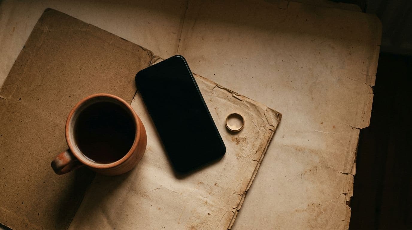A phone lying face-down on a side table beside a mug of tea gone cold, a single small ring left next to it.