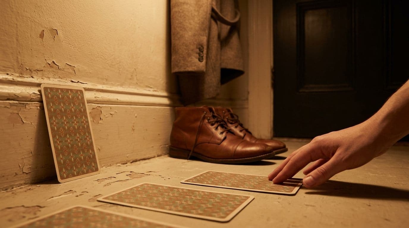 A pair of good shoes by a front door, laced and unworn, with a coat still hanging on the hook above them.