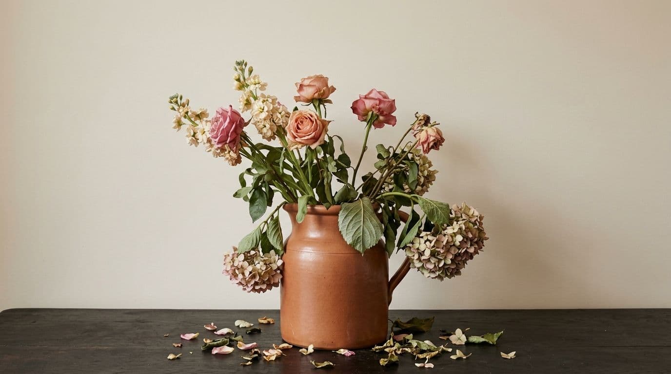 A jug of flowers several days past their best, half of them still upright and half collapsed over the rim, with dropped petals scattered around the base.