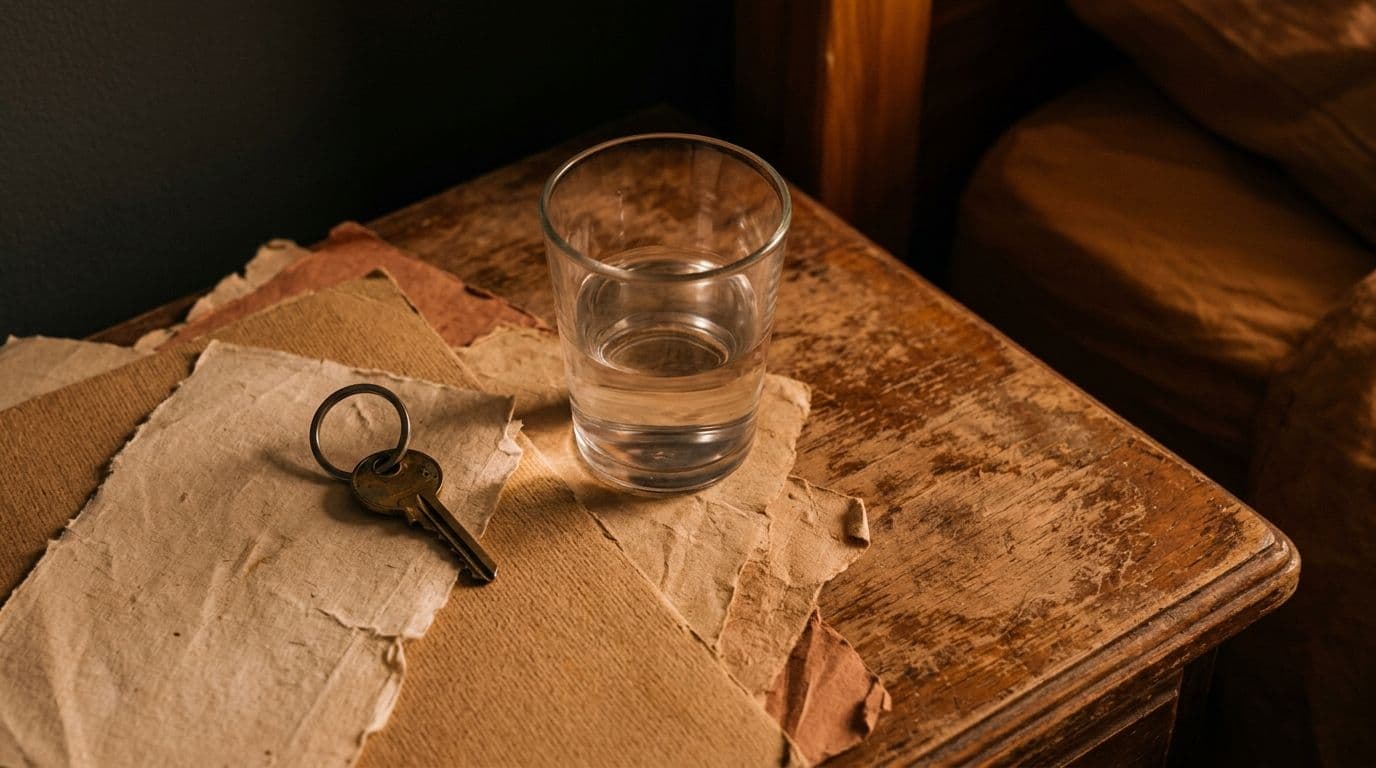 A single house key on a ring, set down beside a half-drunk glass of water on a bedside surface.