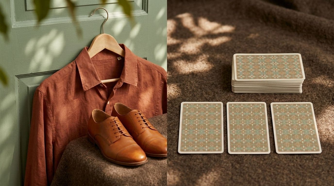 An ironed shirt on a wooden hanger hooked over the top edge of a door, with a pair of polished shoes set neatly beneath it.