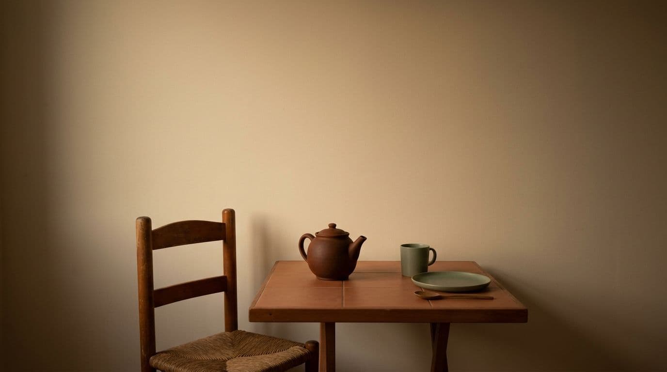 A single kitchen chair pulled out from a small table with an untouched second place setting beside a cooling teapot.