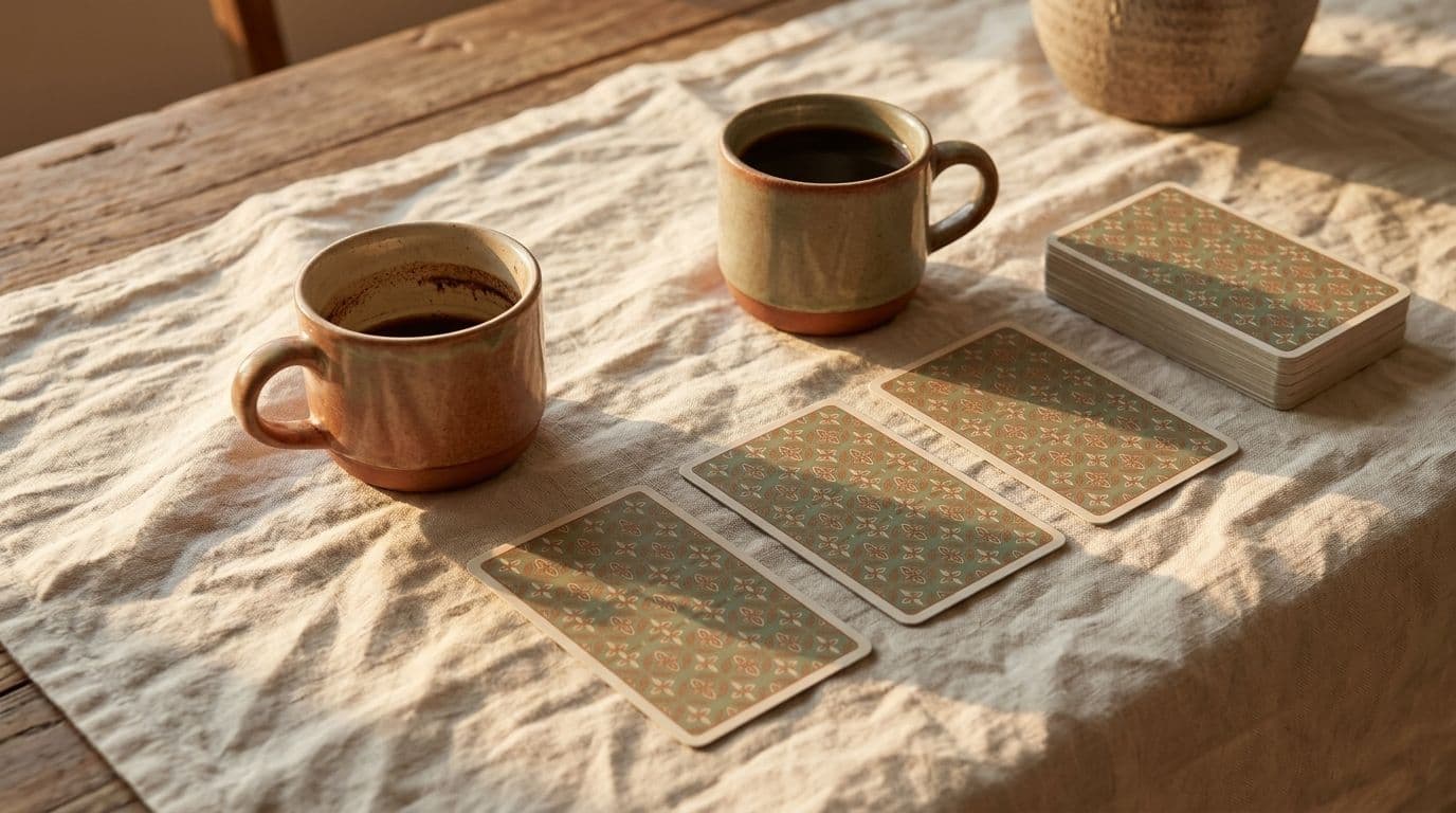 Two mugs sitting across from each other on a table, one drained to the dregs and one still nearly full and long gone cold.