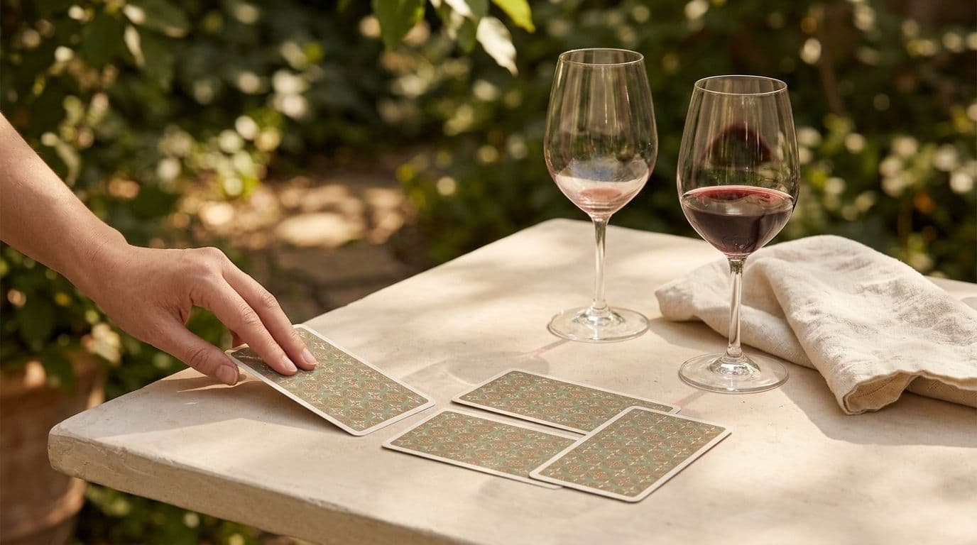 A person reaching for a tarot card spread on an outdoor stone table alongside two glasses of red wine and a linen napkin.