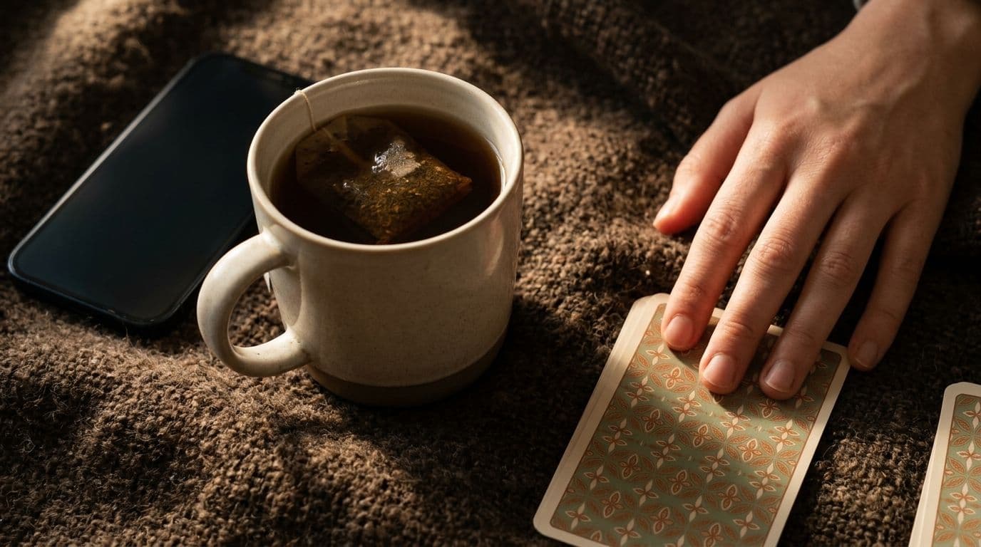 A mug of tea gone completely cold with the bag still sitting in it, and a dark, silent phone lying beside it.