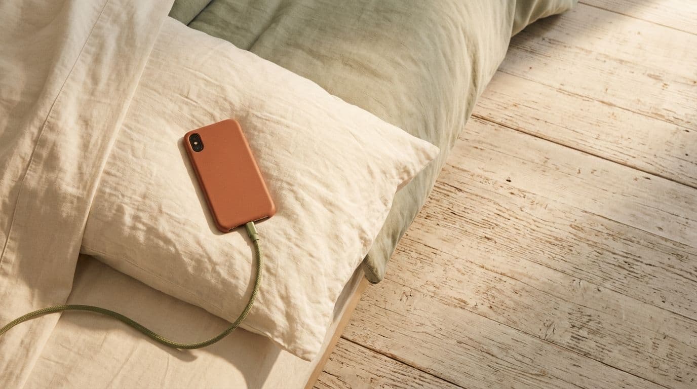 A brown-cased smartphone charging on a pillow next to neutral linen bedding and light wooden floors.